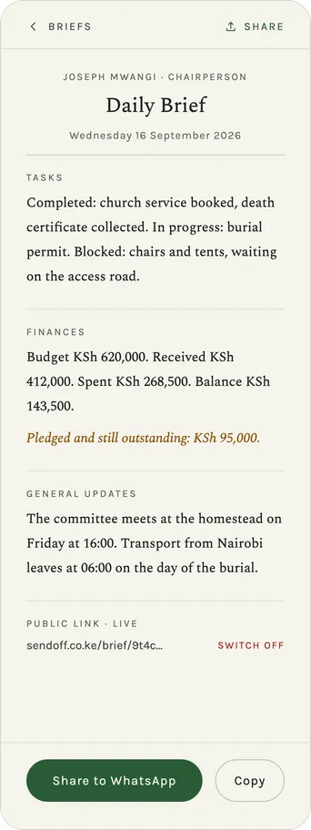 A Daily Brief in SendOff Kenya with sections for tasks, finances and general updates, a live public link, and buttons to share to WhatsApp or copy